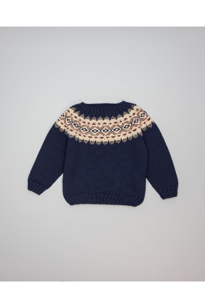 Wool Sweater -Navy w/ Burgundy & Taupe Pattern - Over The Moon