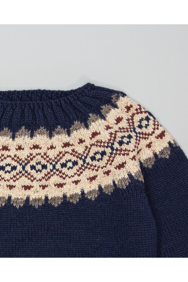 Wool Sweater -Navy w/ Burgundy & Taupe Pattern - Over The Moon