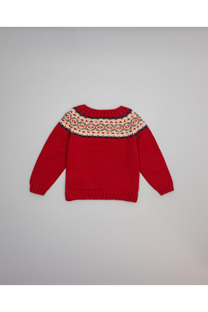 Wool Sweater -Red w/ Beige & Navy Pattern - Over The Moon