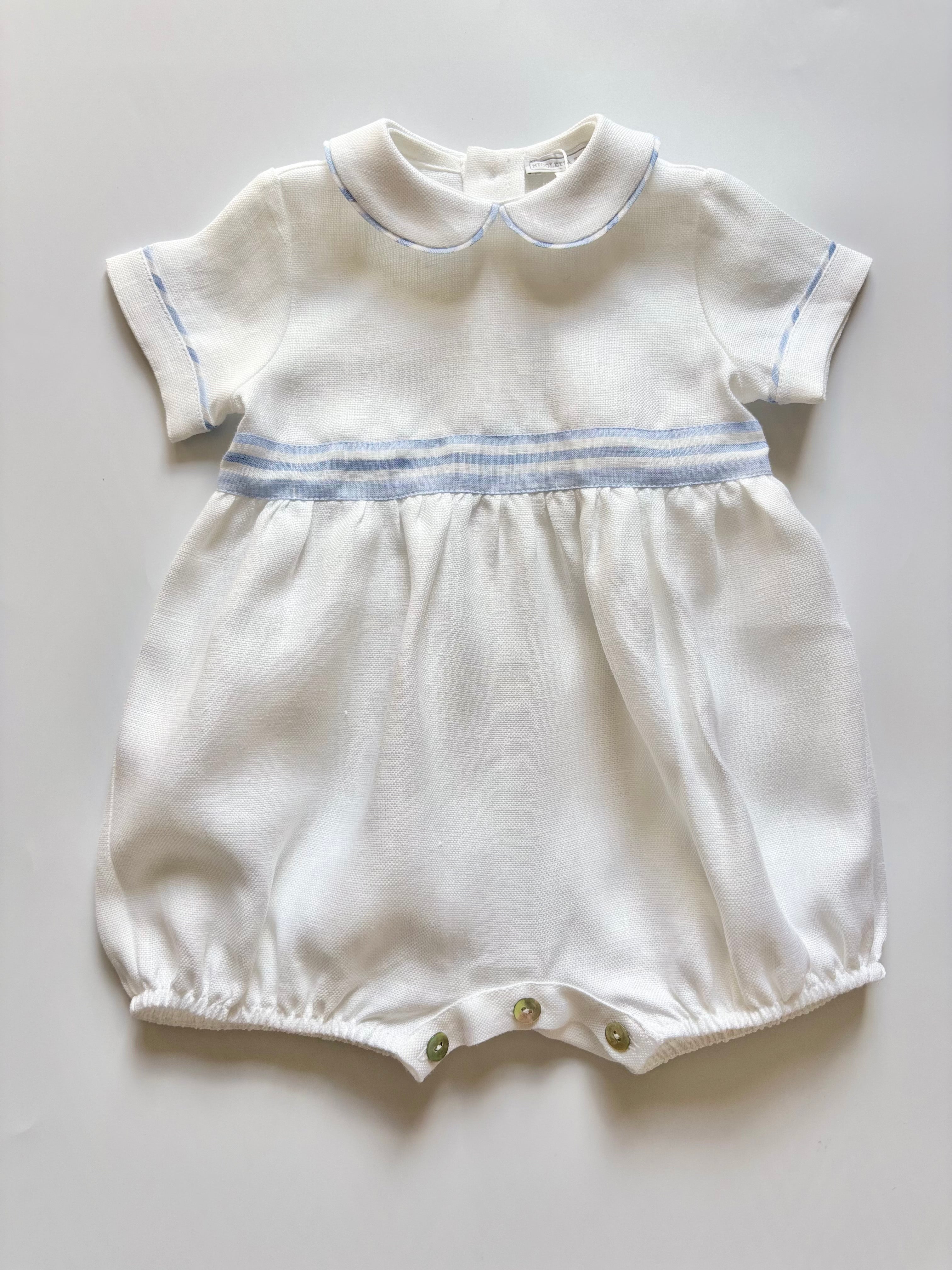 Romper - White & Blue Linen Nerino
