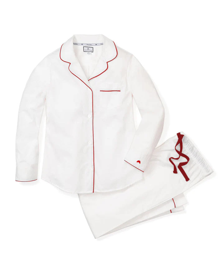 Damen-Pyjama – weißer Twill mit roter Paspelierung
