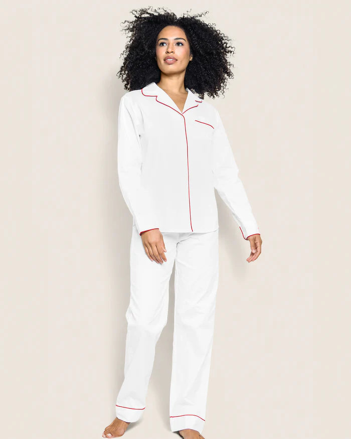 Damen-Pyjama – weißer Twill mit roter Paspelierung