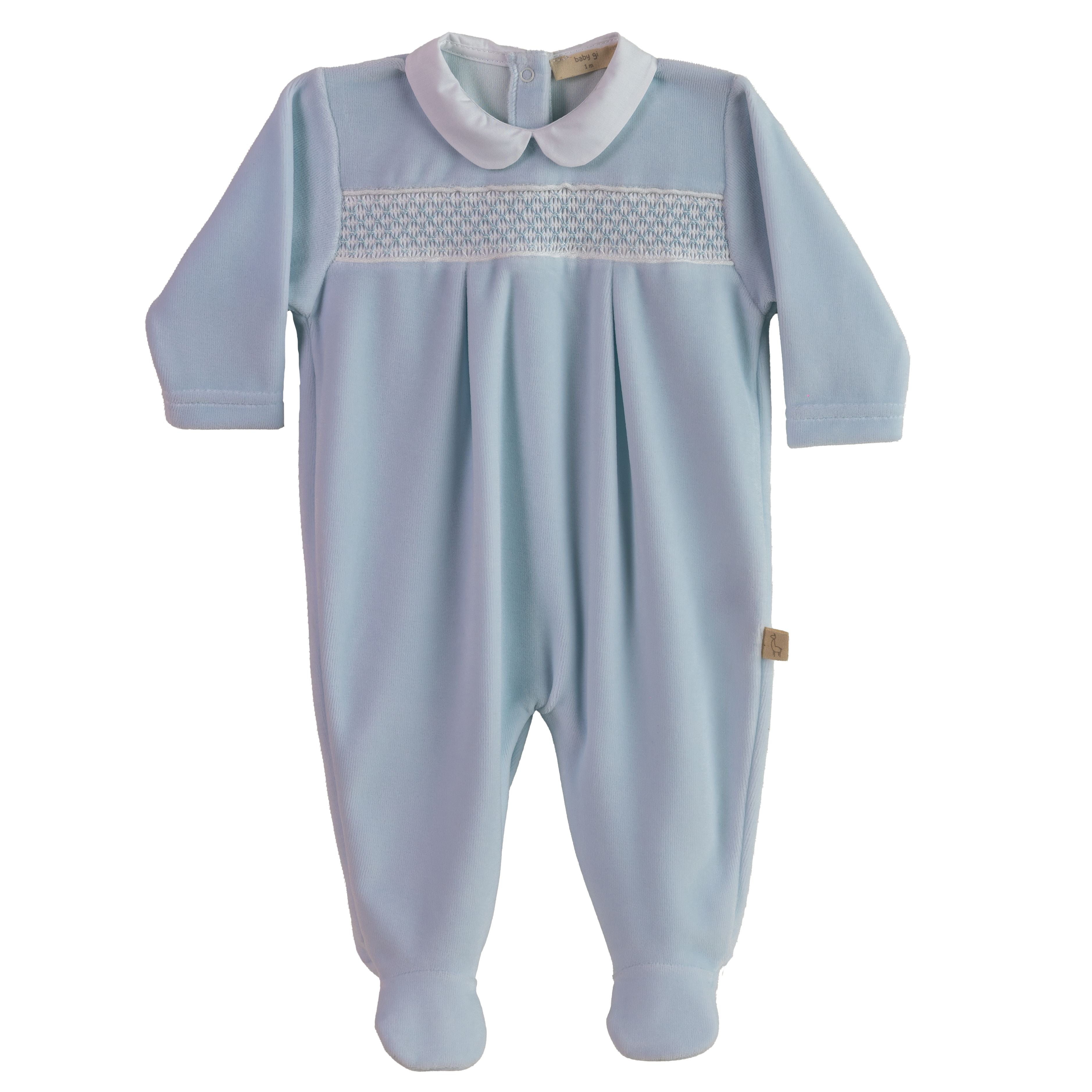 Strampler – Klassischer Velours, gesmokt, Blau