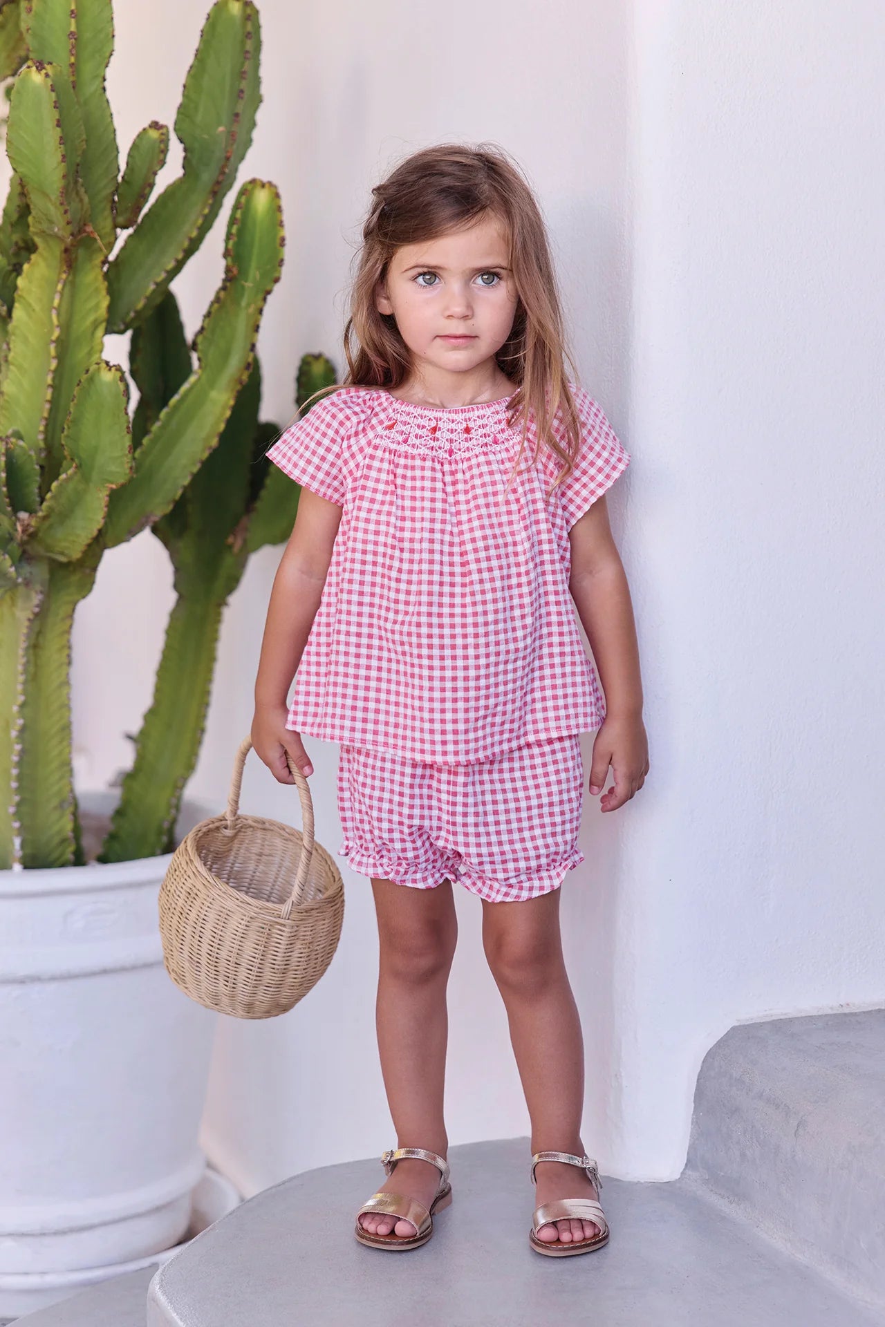 Kurzes Set – Hellrosa Baumwoll-Gingham-Muster