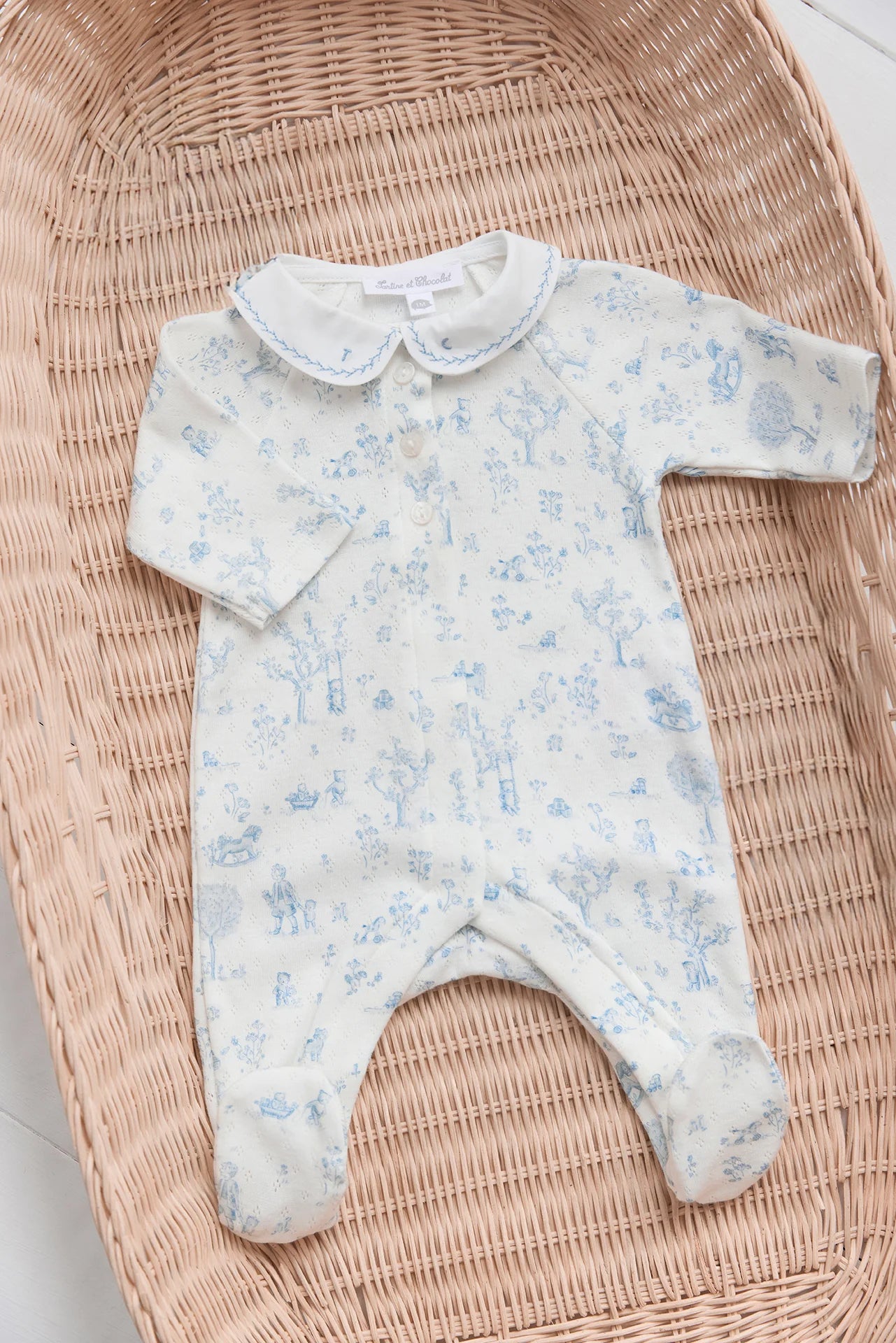 Strampler – Himmelblau mit Fantasiegarten-Print