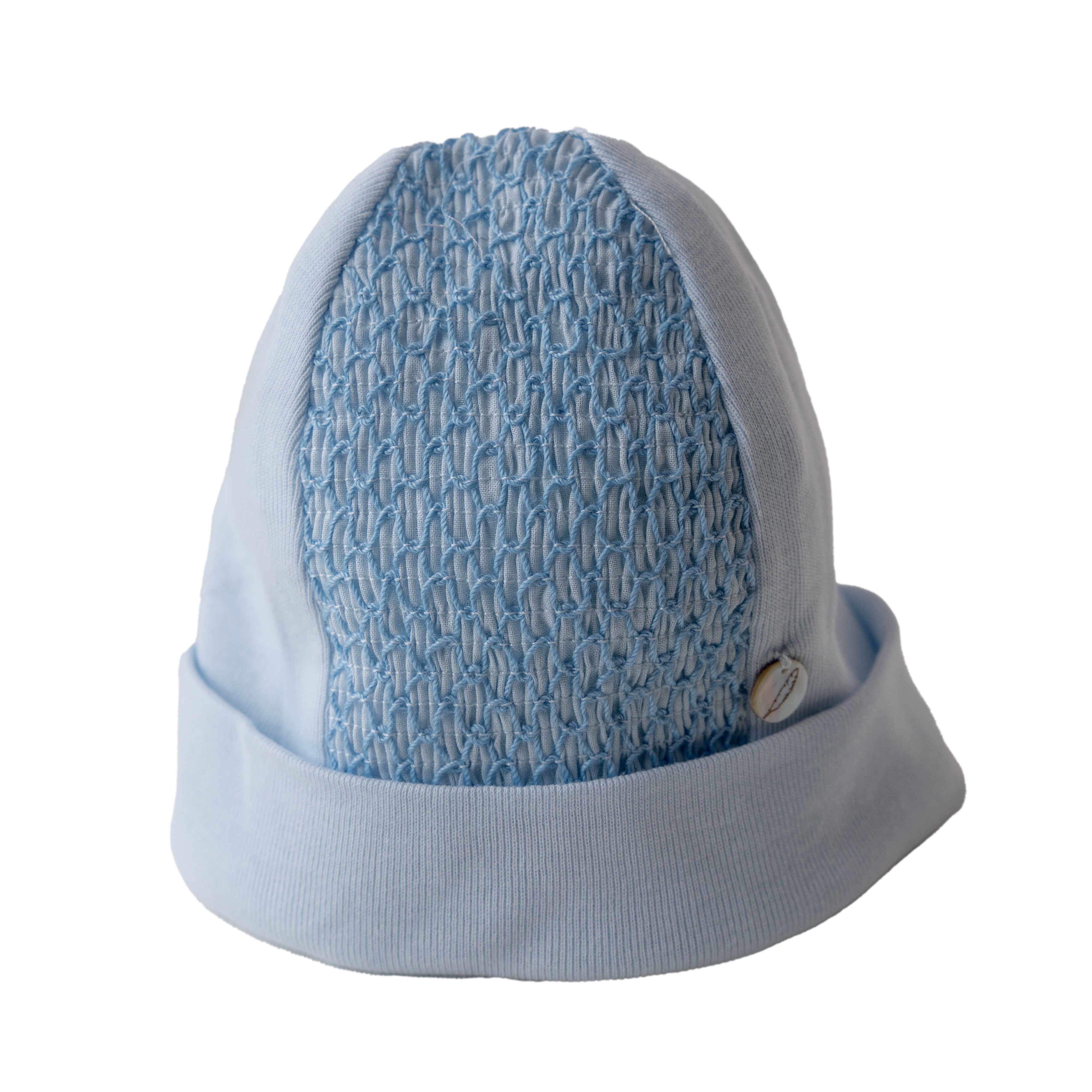 Strampler & Mützenset – blau, gesmokt