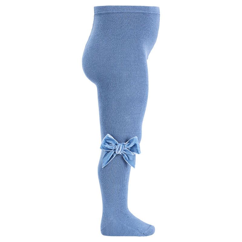 Plain Knit Tights with Velvet Bow Appliqué
