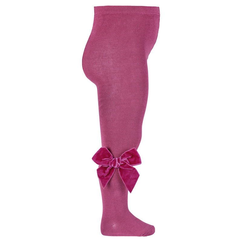 Plain Knit Tights with Velvet Bow Appliqué