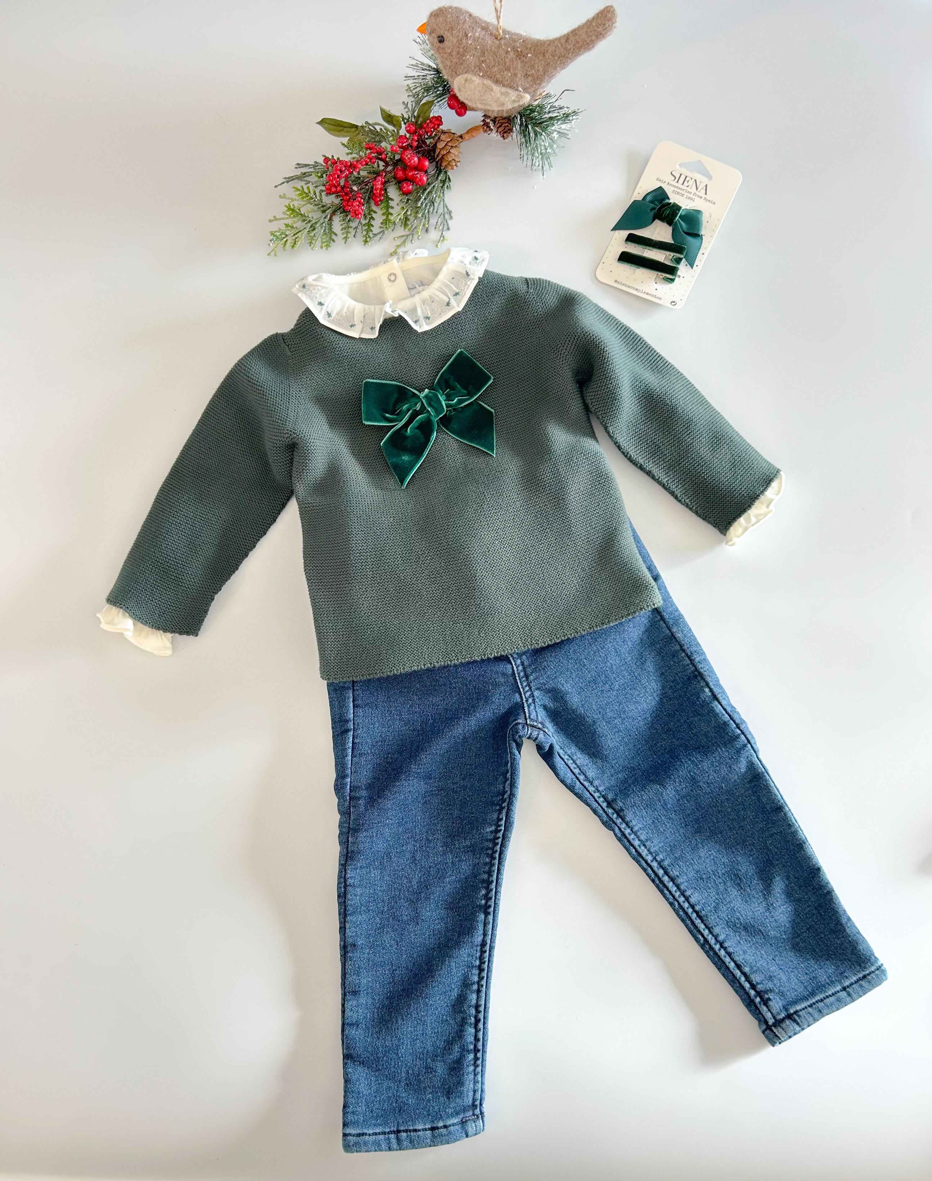 Garter Stitch Sweater with Velvet Bow - Over The Moon