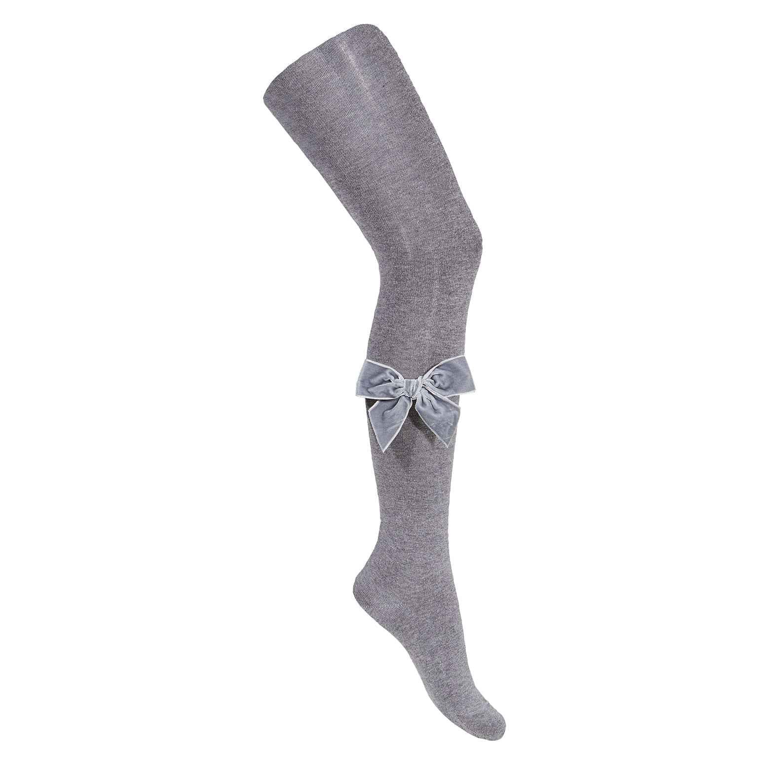 Plain Knit Tights with Velvet Bow Appliqué - Over The Moon