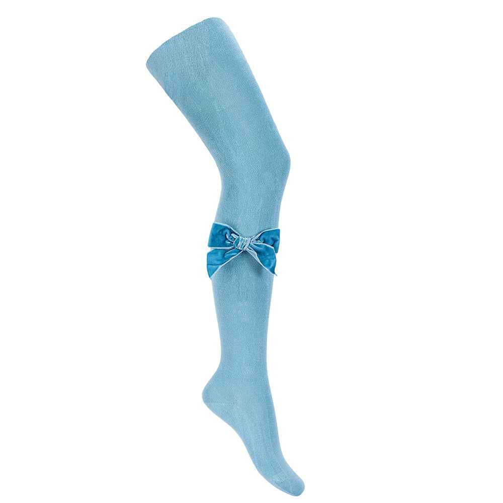 Plain Knit Tights with Velvet Bow Appliqué - Over The Moon