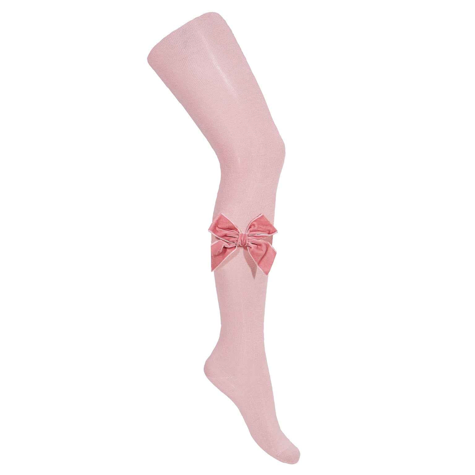 Plain Knit Tights with Velvet Bow Appliqué - Over The Moon