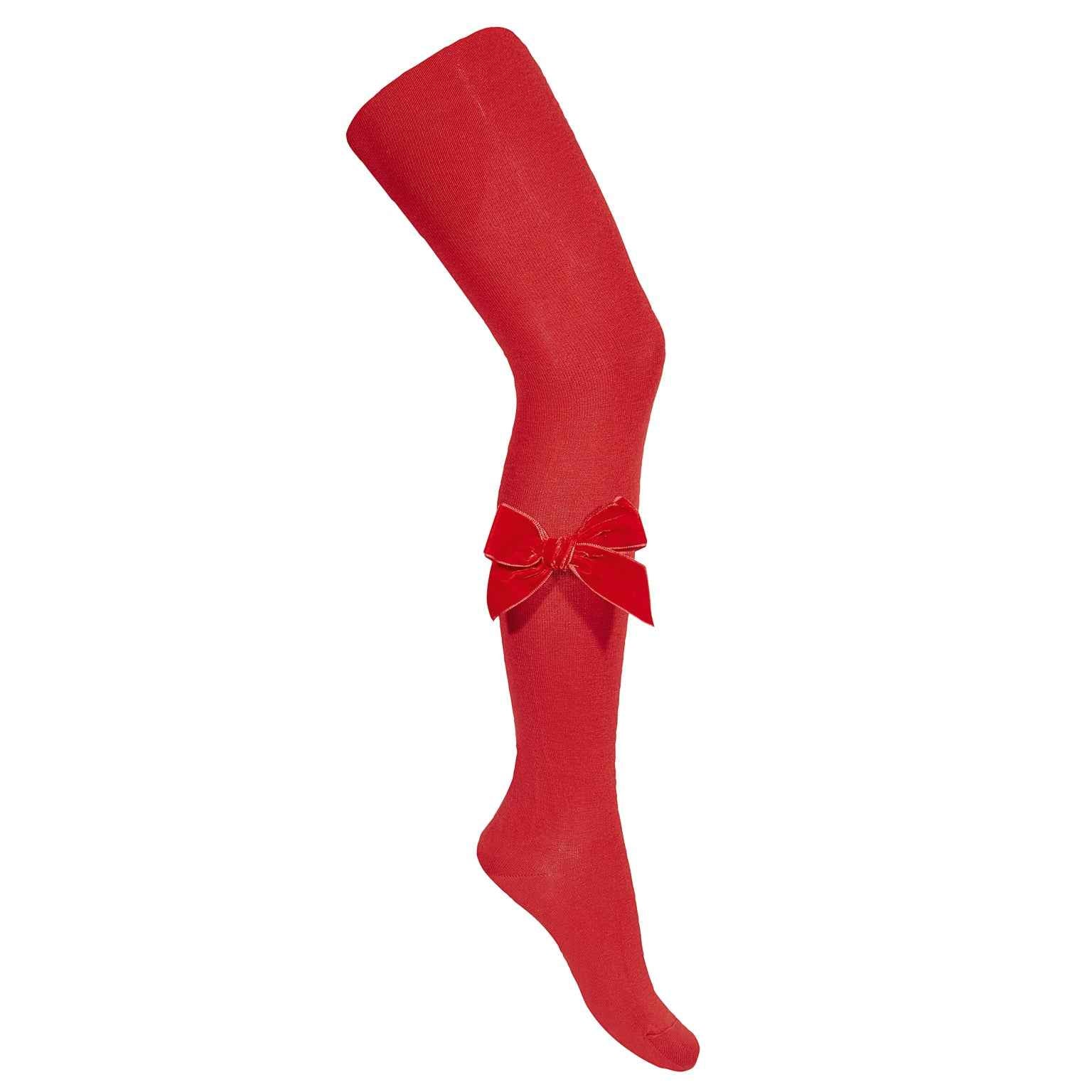Plain Knit Tights with Velvet Bow Appliqué - Over The Moon