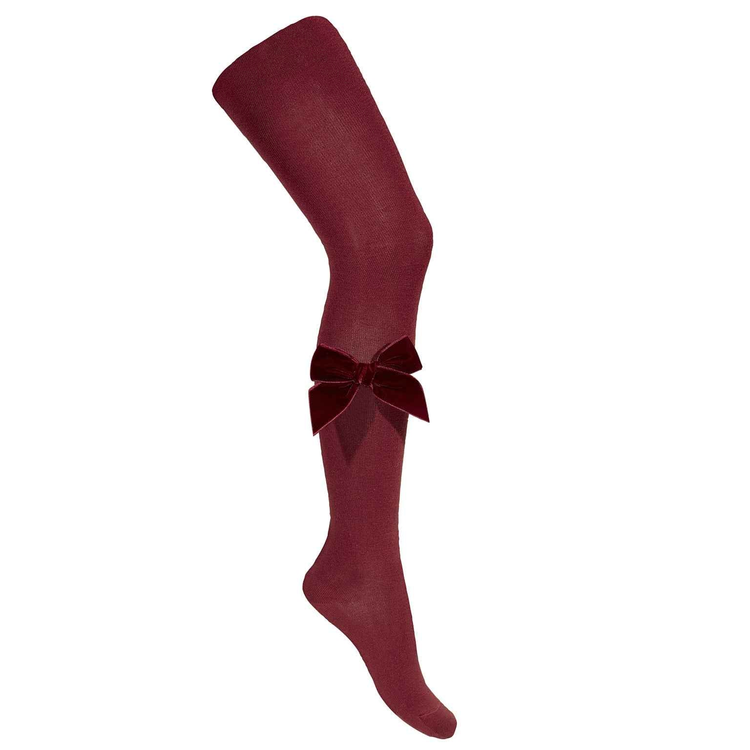 Plain Knit Tights with Velvet Bow Appliqué - Over The Moon