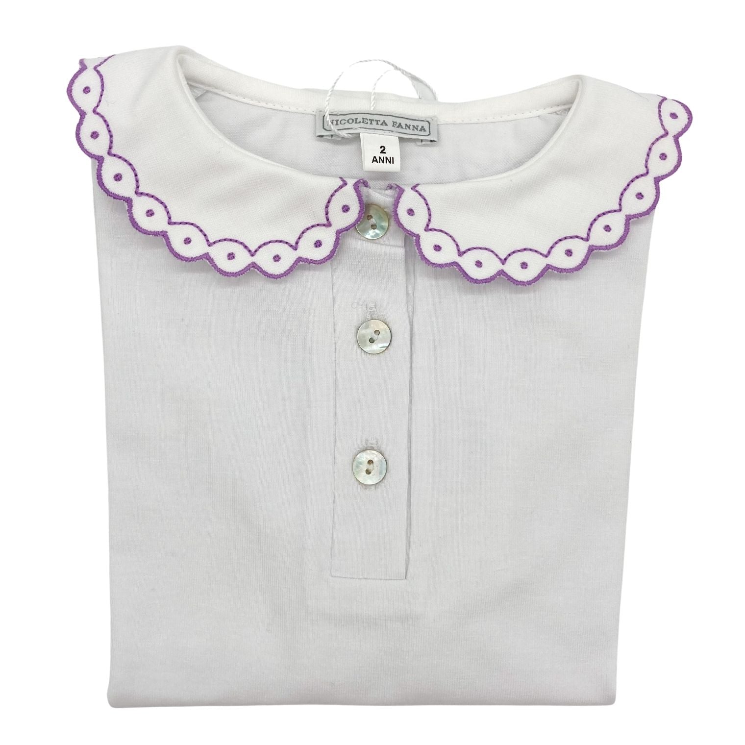 White Cotton Shirt with Embroidered Collar - Lavender - Over The Moon
