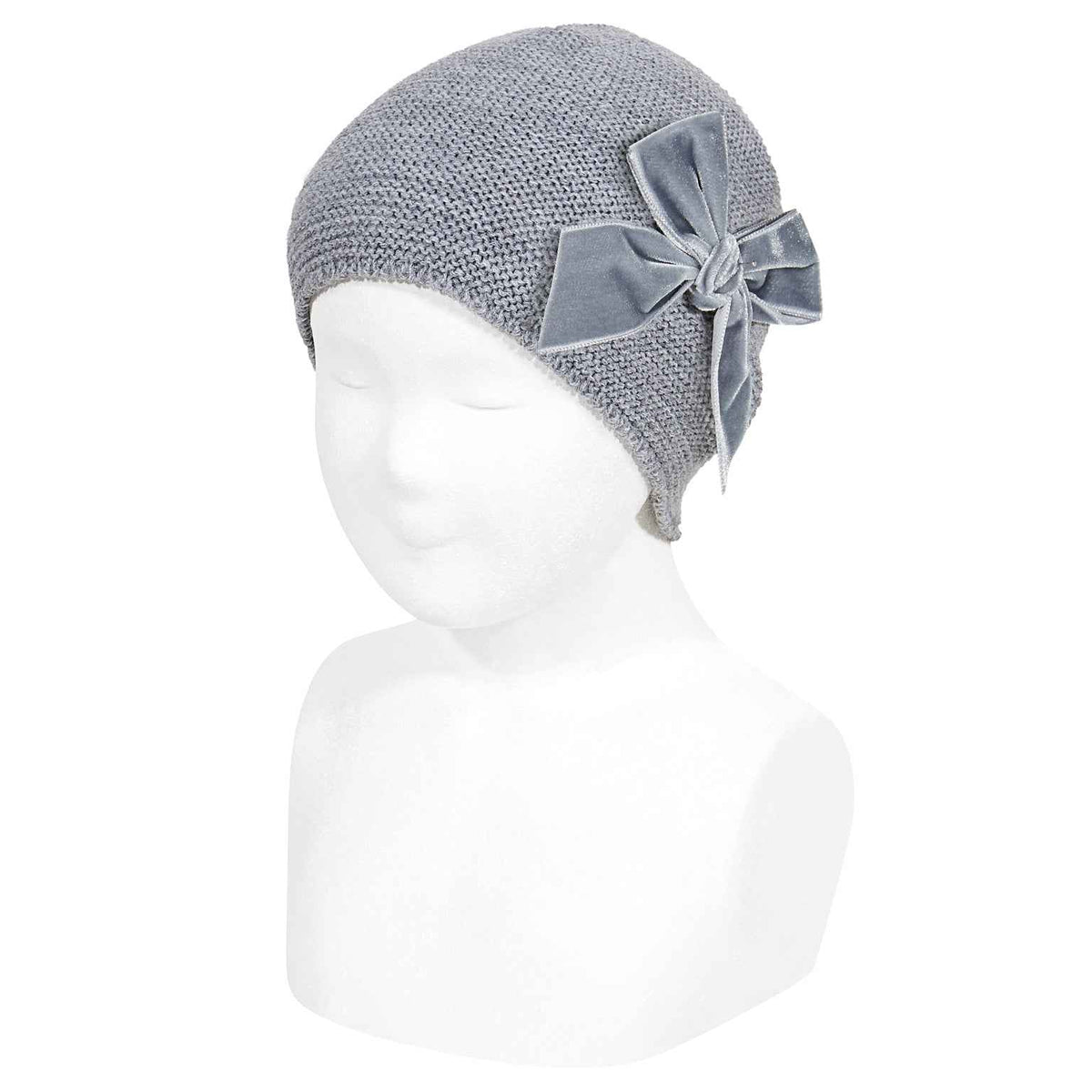 Cotton Garter Stitch Hat with Velvet Bow - Over The Moon