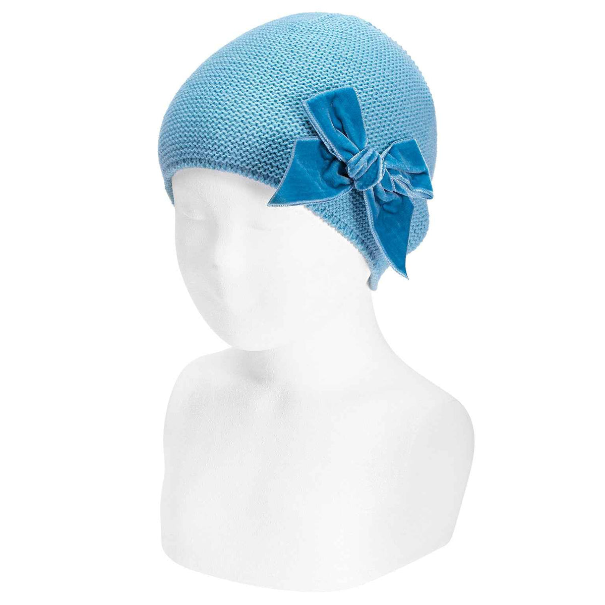 Cotton Garter Stitch Hat with Velvet Bow - Over The Moon