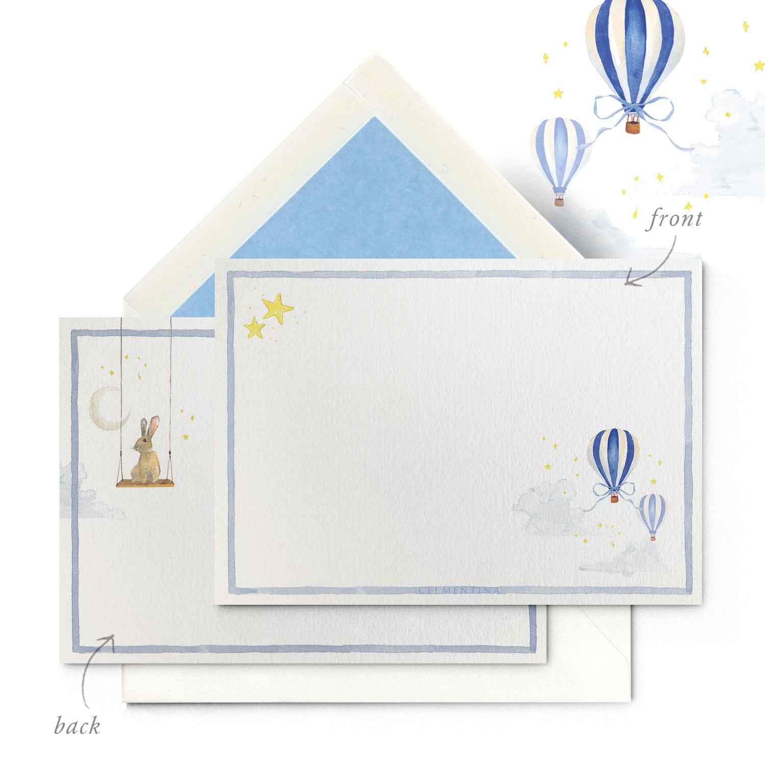 Hot Air Balloons - Blue - Notecard - Over The Moon