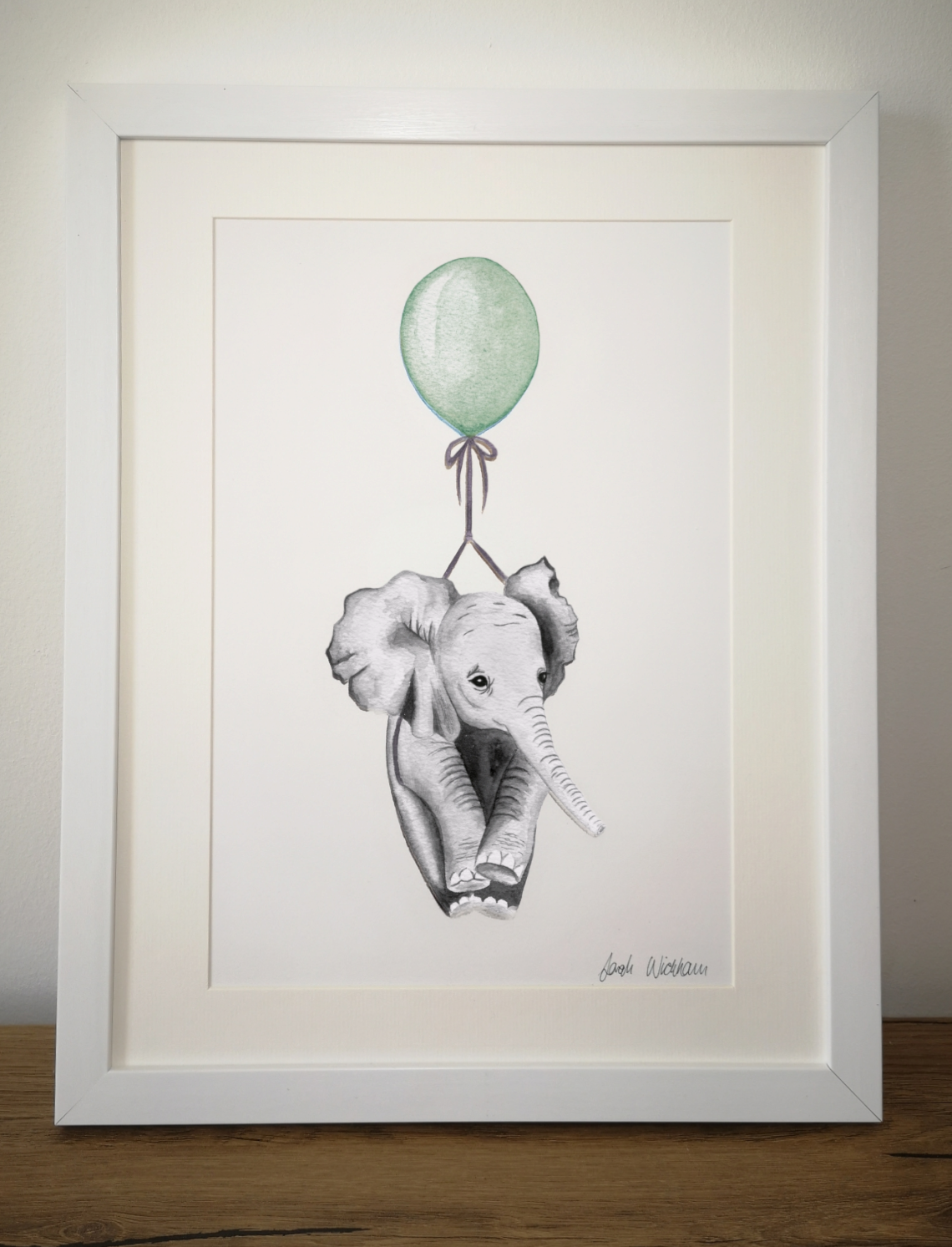 Elephant with Green Balloon - Sarah Wickham