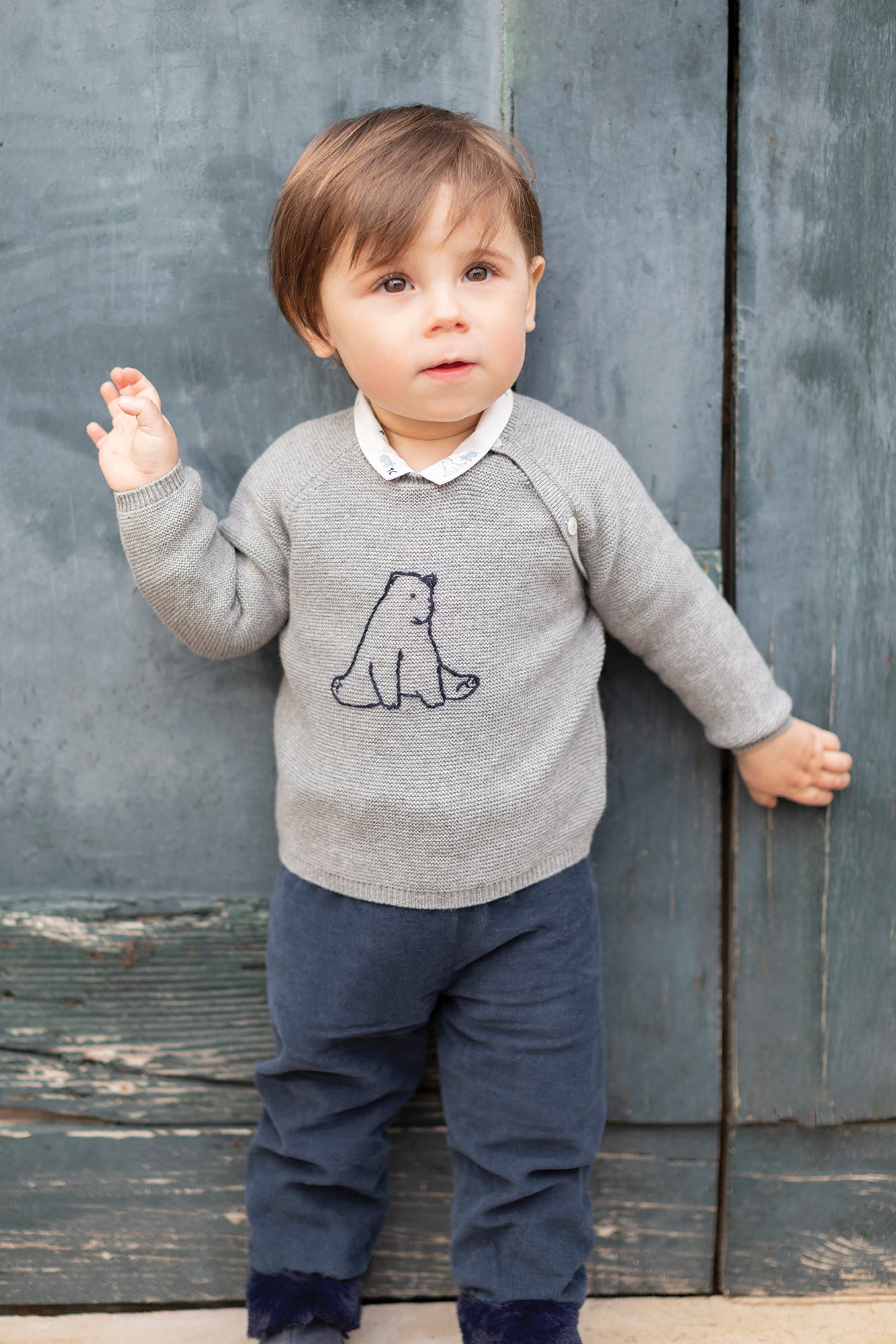Jumper - Grey marl with bear embroidery - Tartine Et Chocolat