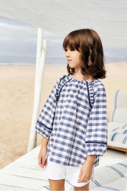 Blouse - White & Blue gingham cotton - Tartine Et Chocolat