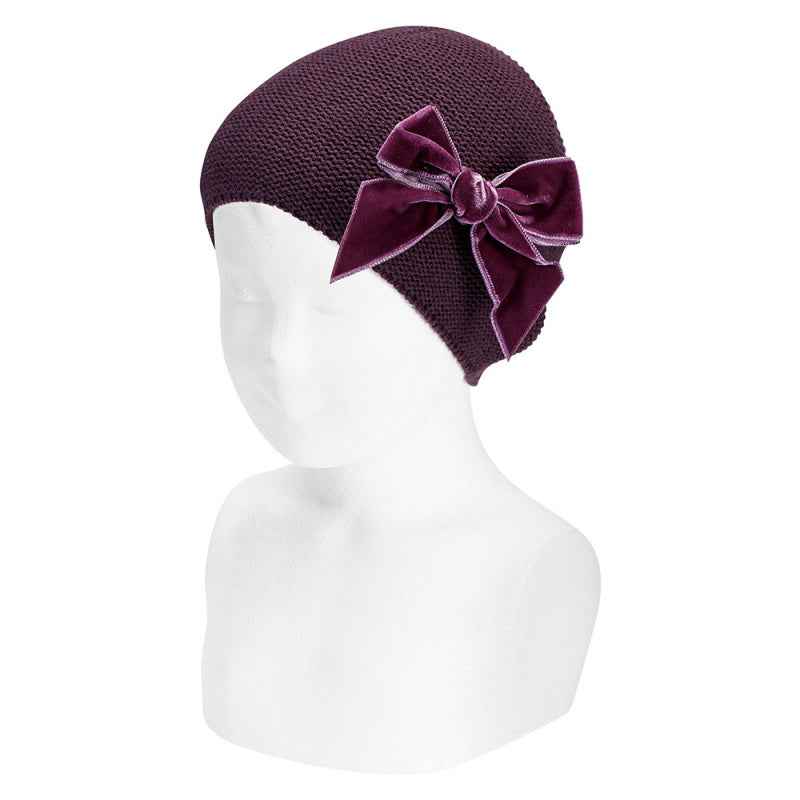 Cotton Garter Stitch Hat with Velvet Bow - Over The Moon