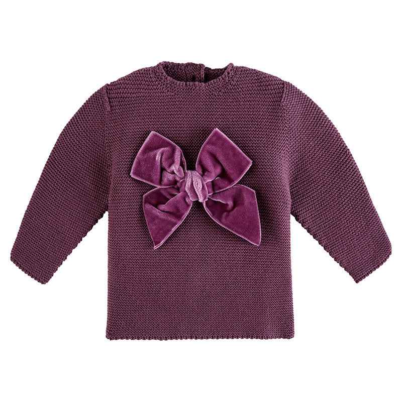 Garter Stitch Sweater with Velvet Bow - Over The Moon