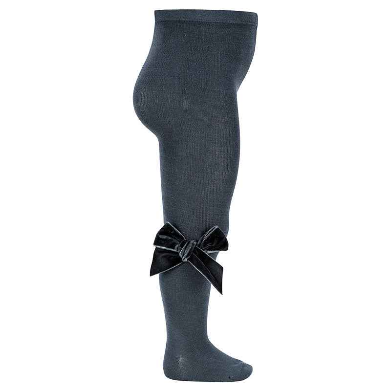 Plain Knit Tights with Velvet Bow Appliqué - Over The Moon