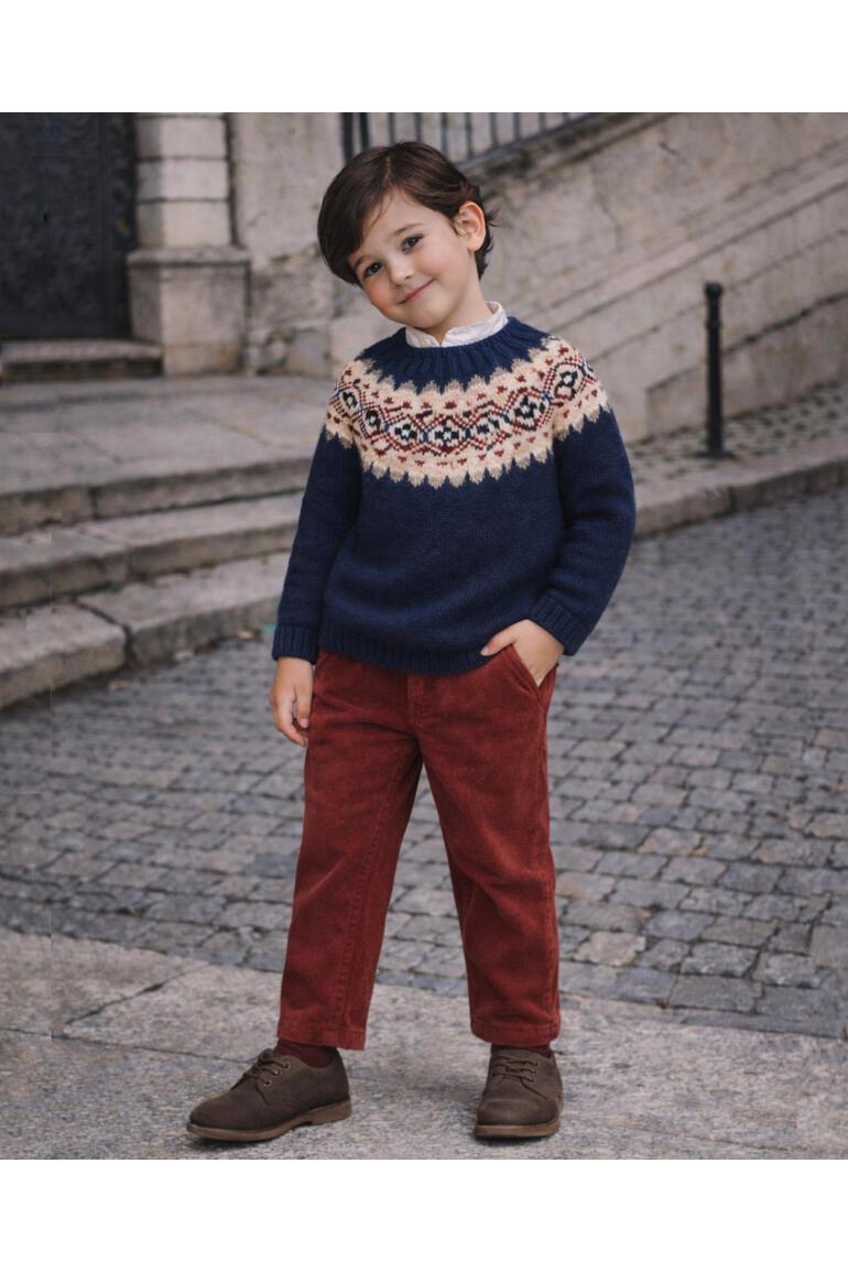 Wool Sweater -Navy w/ Burgundy & Taupe Pattern - Over The Moon