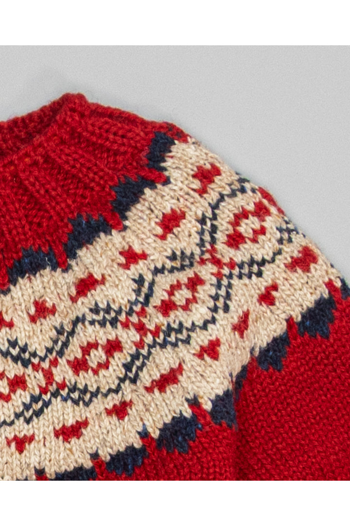 Wool Sweater -Red w/ Beige & Navy Pattern - Over The Moon