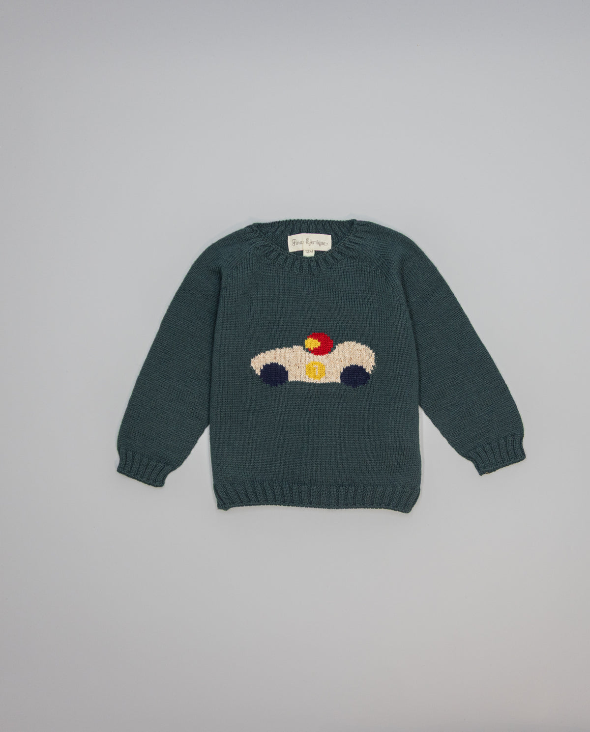 Wool Sweater - Green Merino Wool with Car - Over The Moon