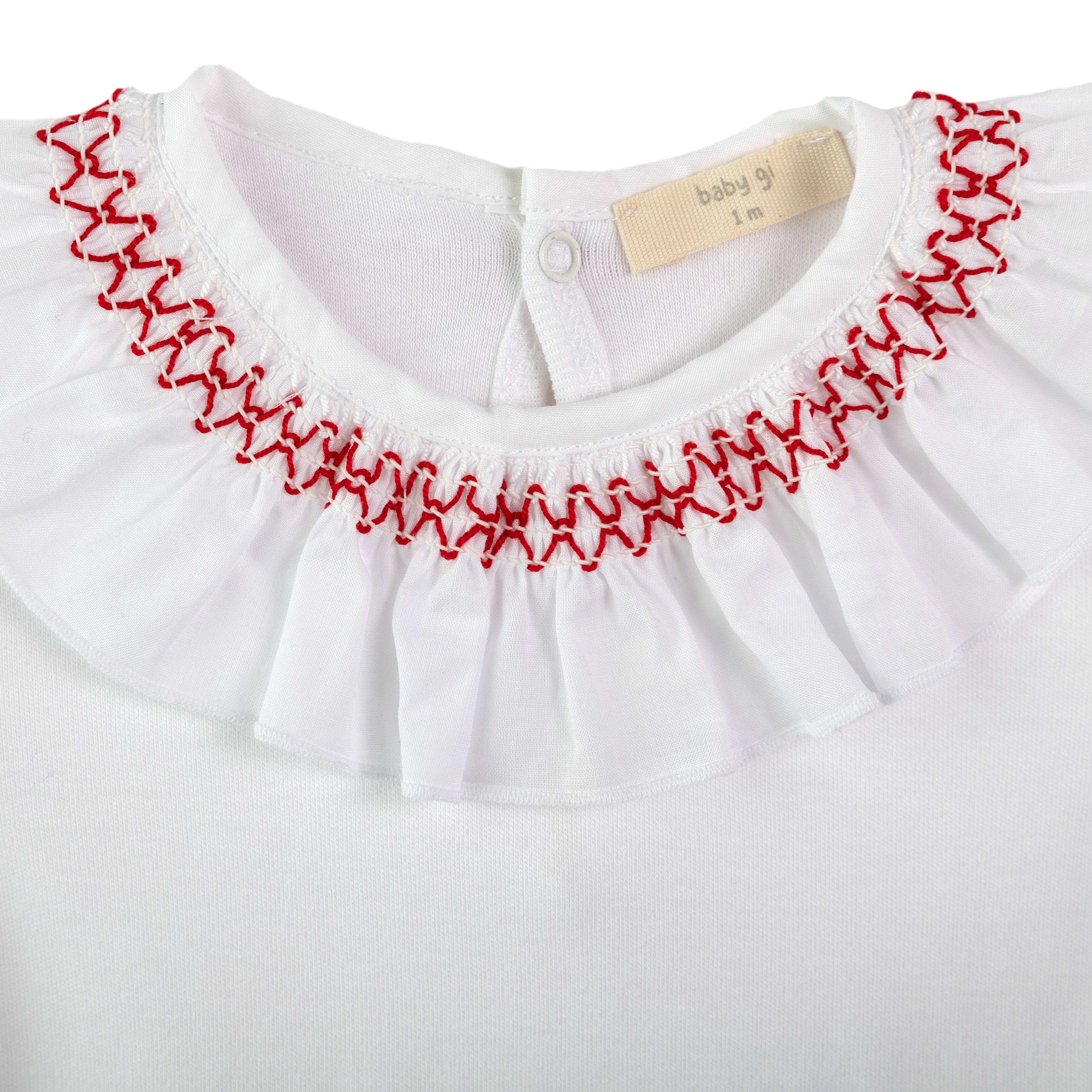 Bodyanzug - Rote Smock-Details am Rüschenkragen
