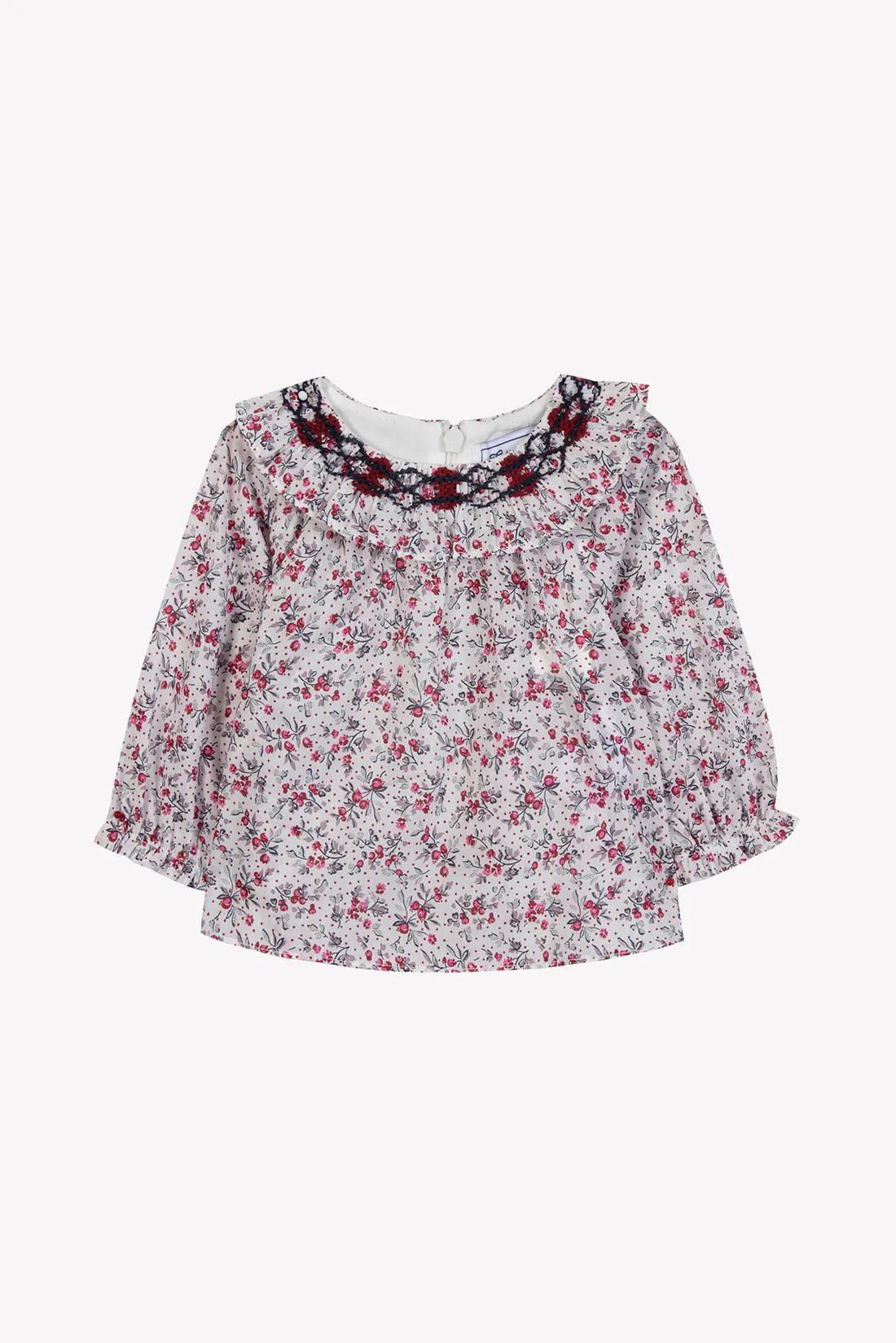 Bluse - Marineblau/Rot mit Blumenmuster und Smock-Details