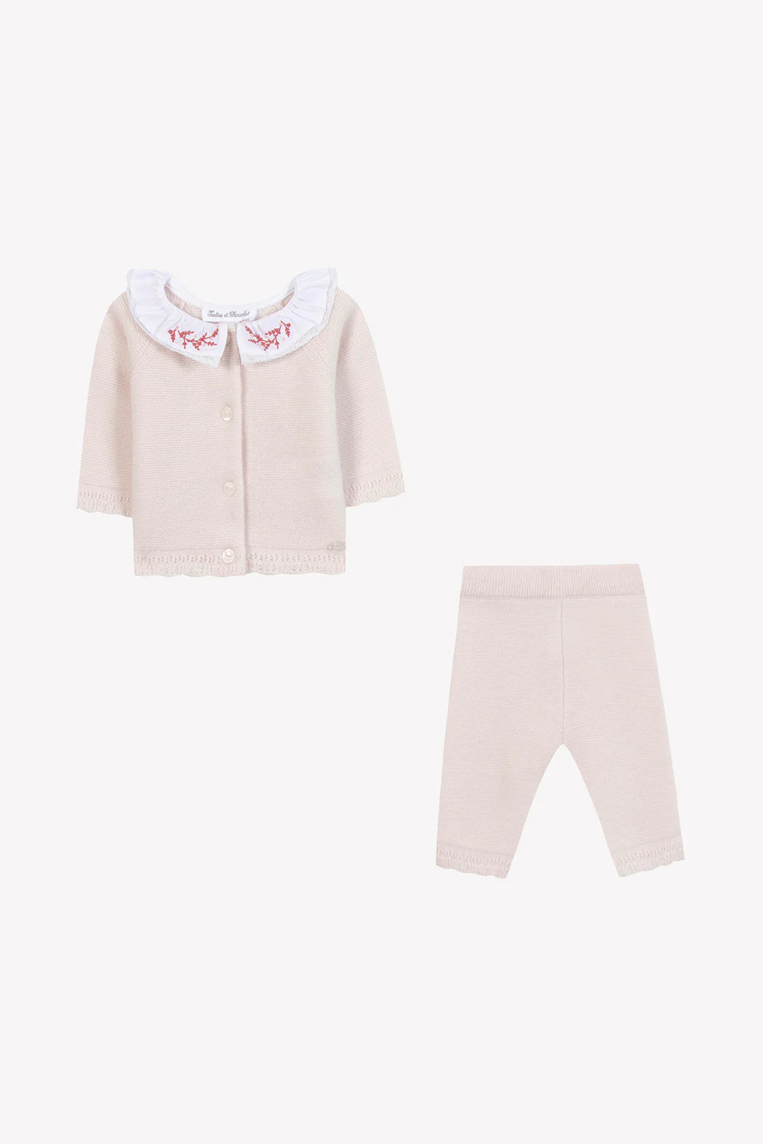 Zweiteiliges Set – Hellrosa Strick mit Blumenstickerei