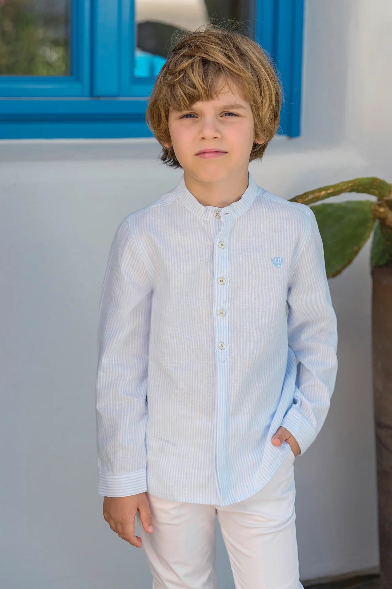 Shirt - Cloud Blue Linen With Mandarin Collar