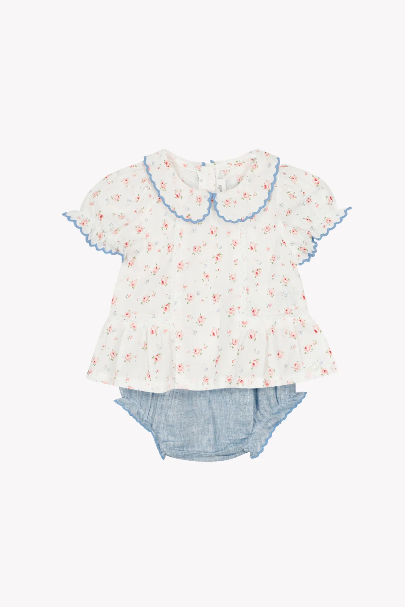 Kurzes Set – Ecru-Baumwolle mit Blumenmuster