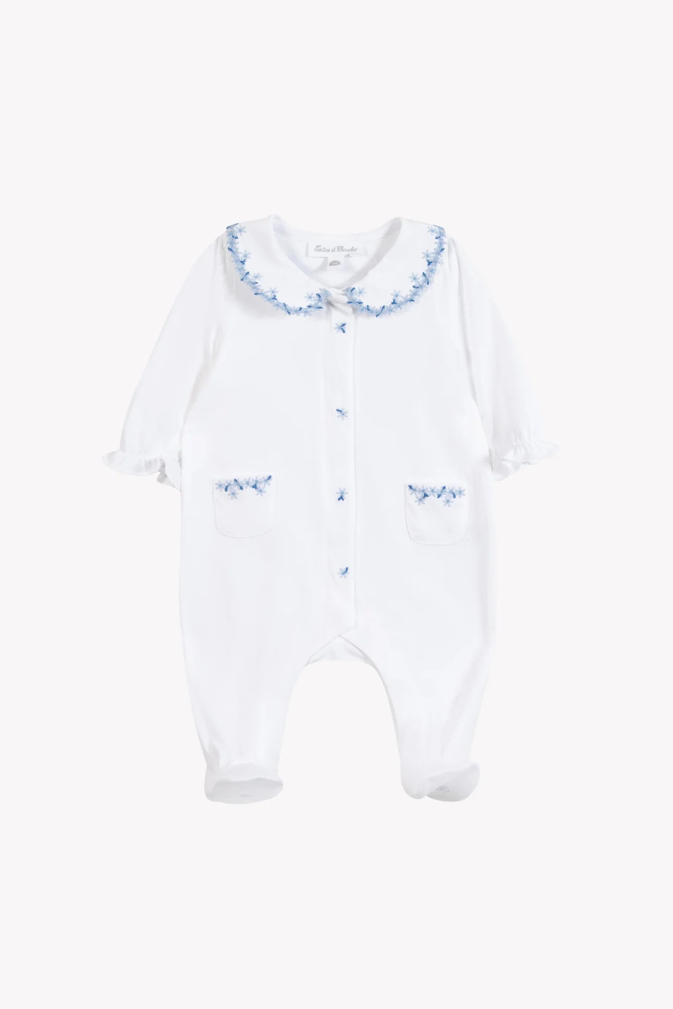 Baby-Strampler - Weiß, Blumenmuster, Blaue Stickerei