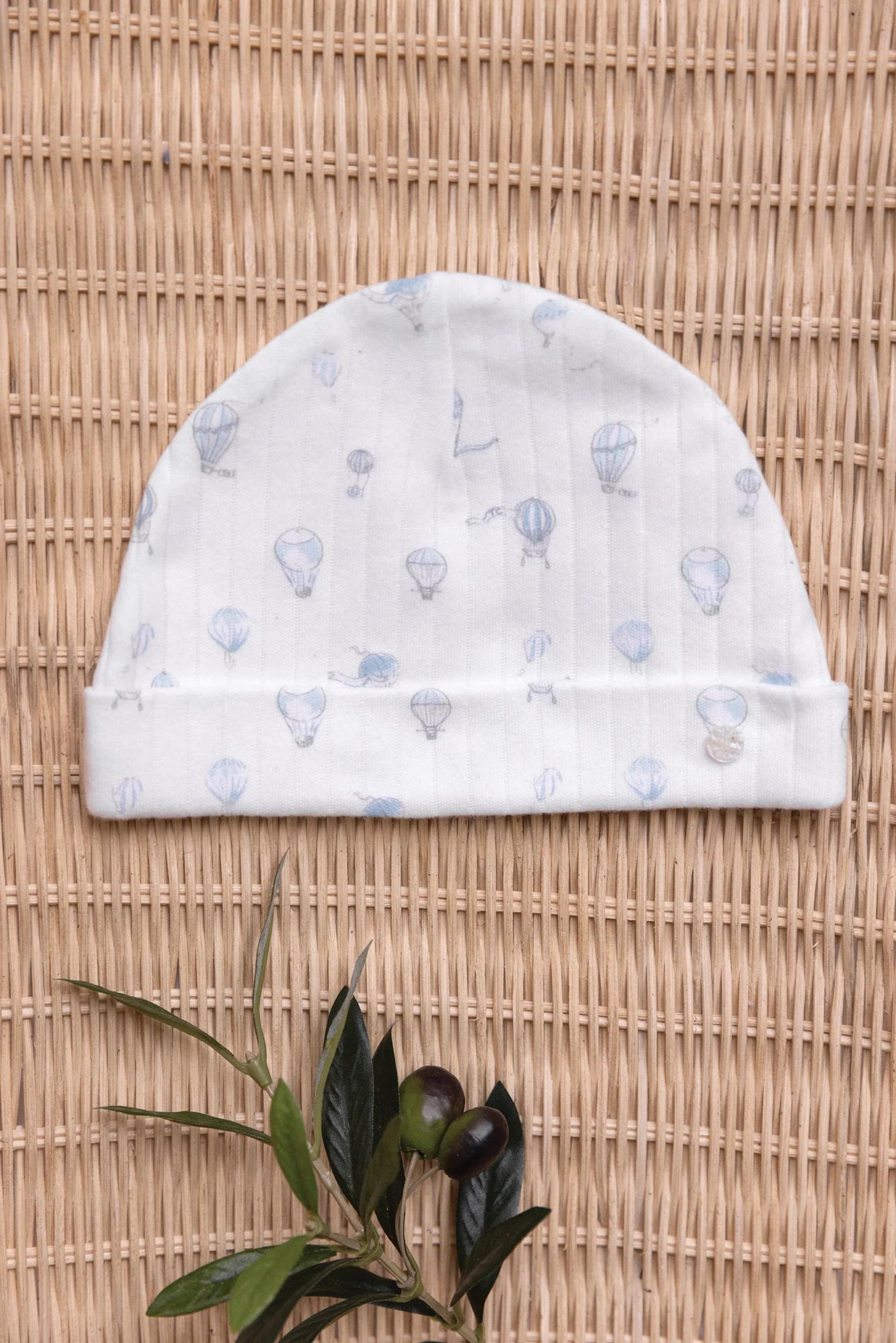 Beanie - Ecru Cotton With Hot Air Balloon Print