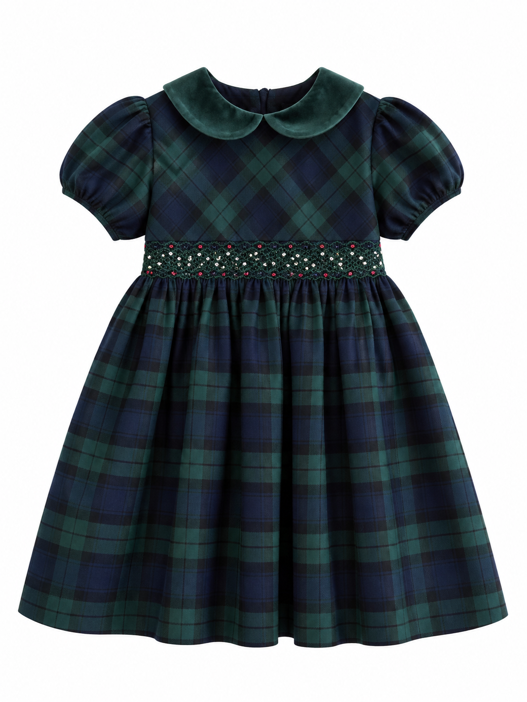 Dress - Navy & Green Tartan with Velvet Collar