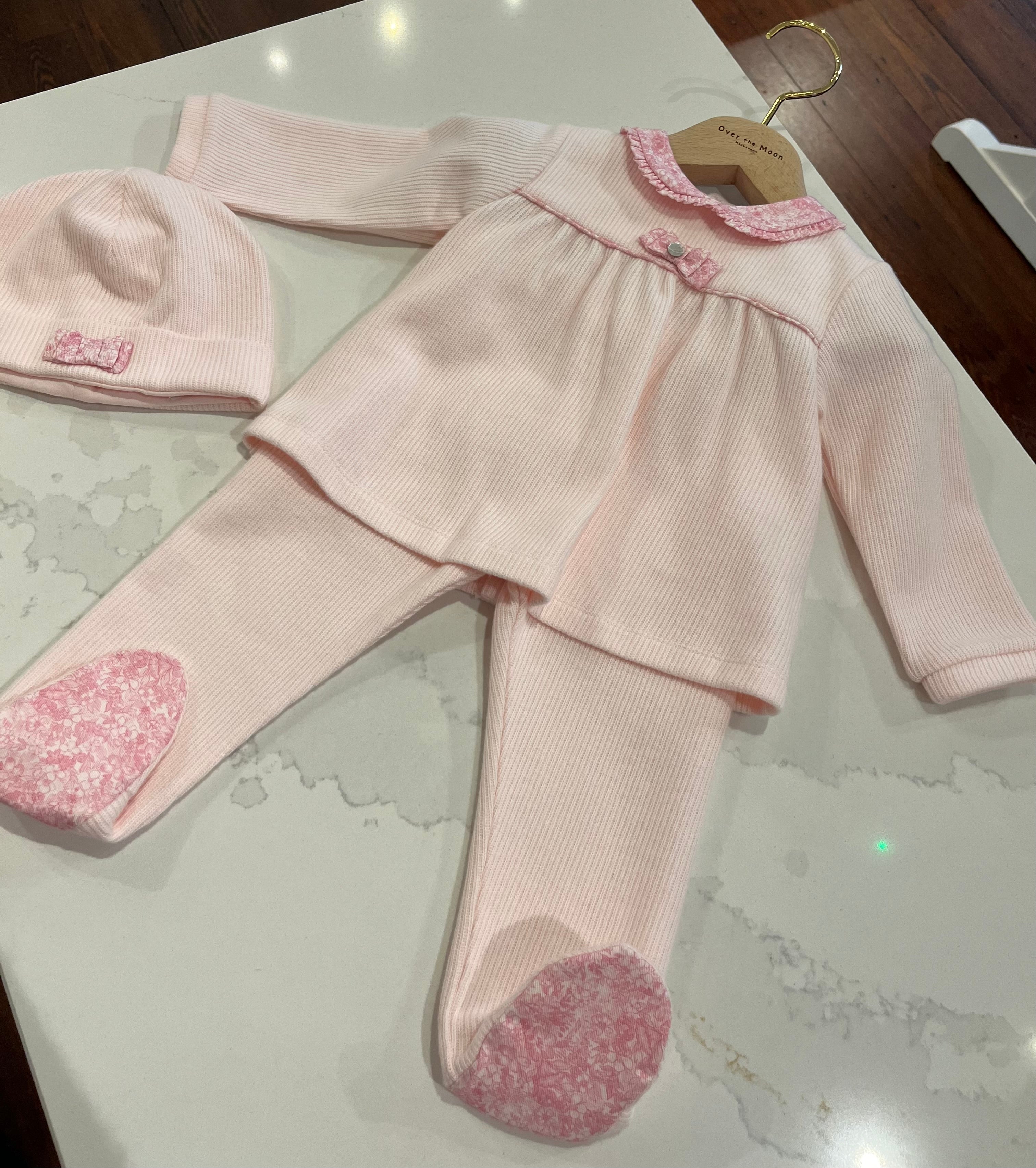 Three Piece Set - Pink Ribbed with Bow