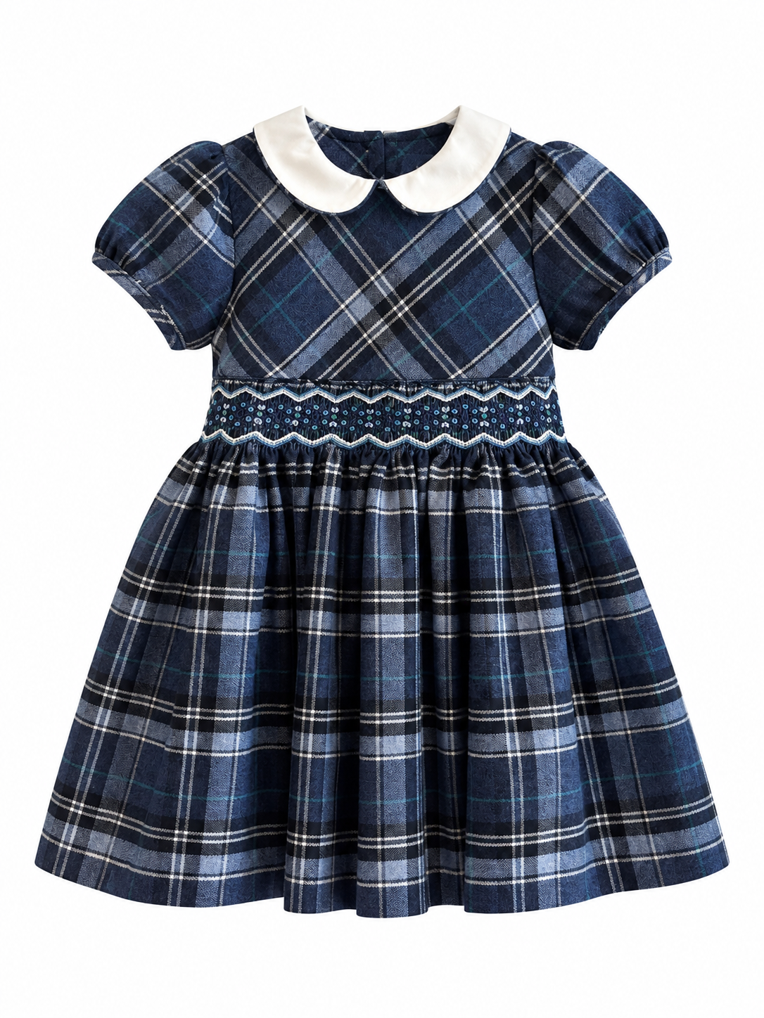 Dress - Navy & Blue Tartan with smocking