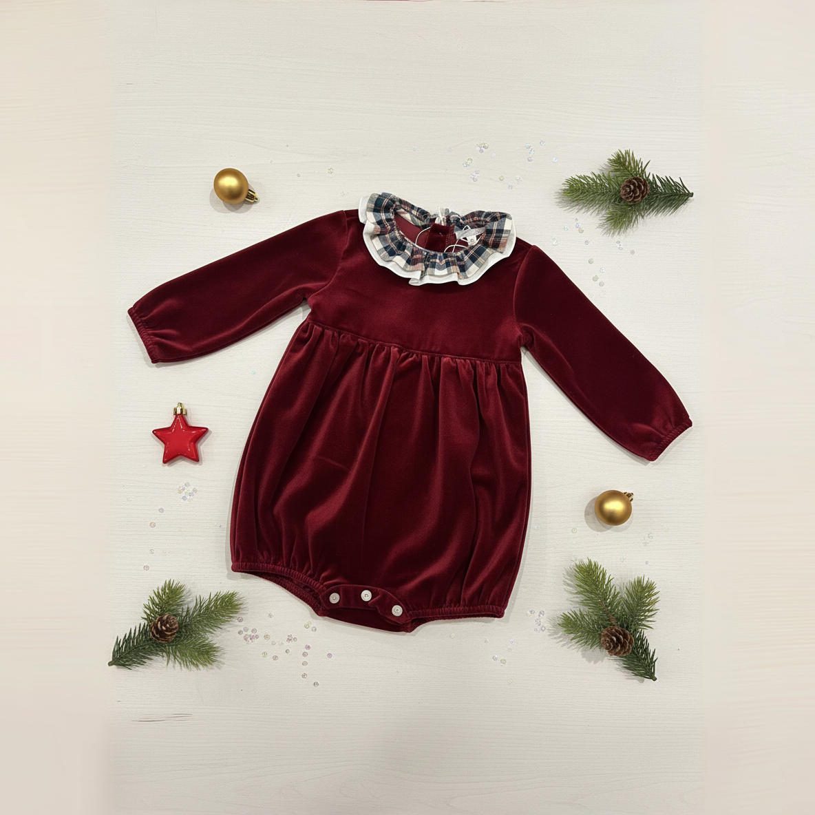 Romper - Ceci Velvet with Tartan Collar - Over The Moon