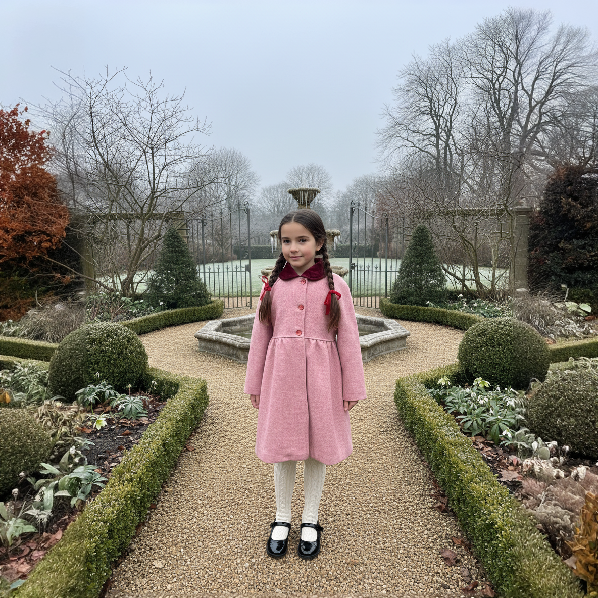 Wollmantel – Rosa Dafne mit dunkelkirschrotem Samtkragen