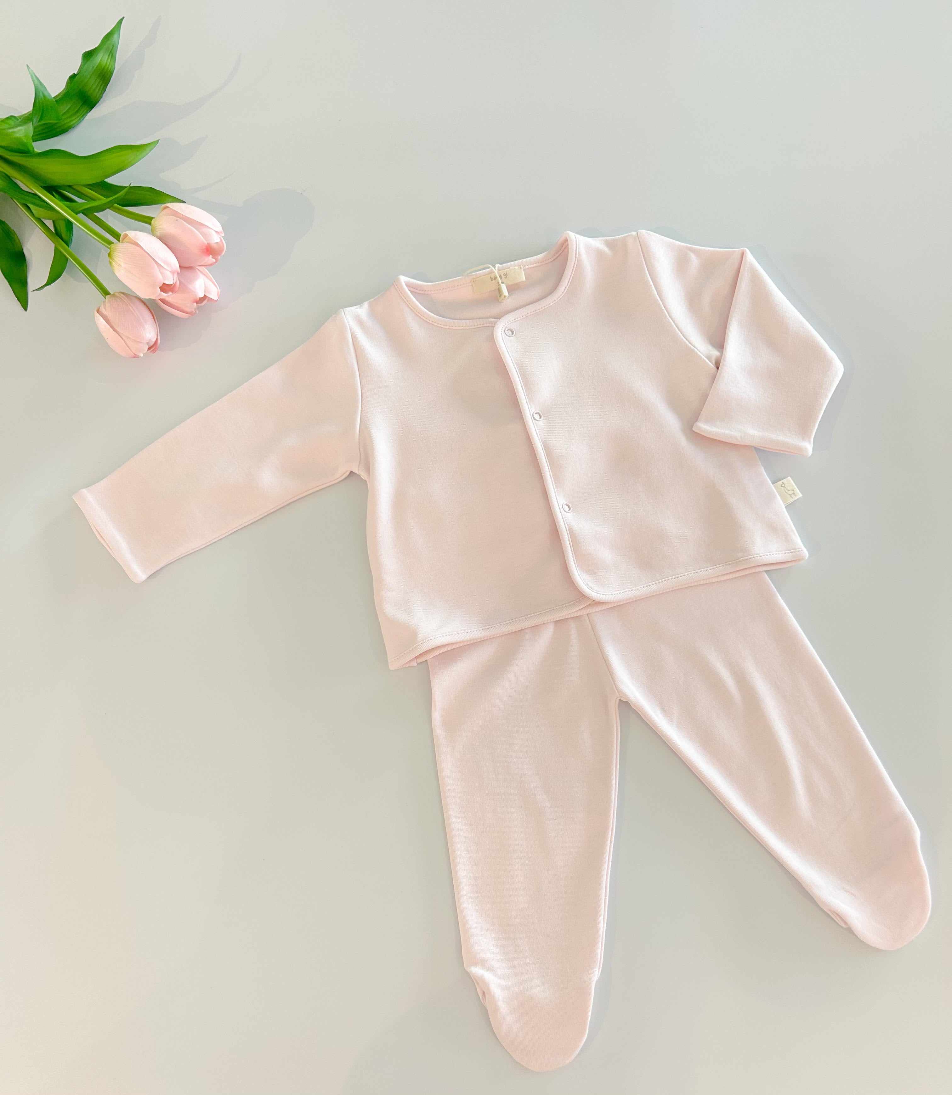 Two Piece Set - Cotton Button Up Cardigan and Footed Bottoms - Pink