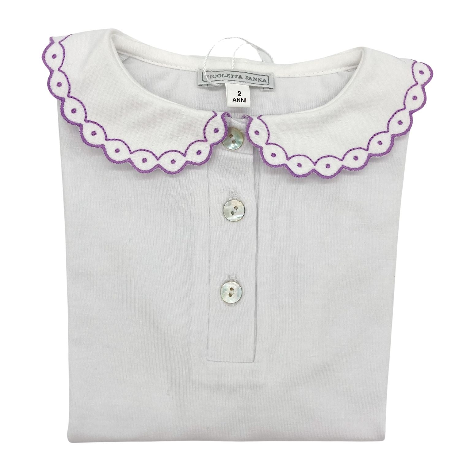 White Cotton Shirt with Embroidered Collar - Lavender - Nicoletta Fanna