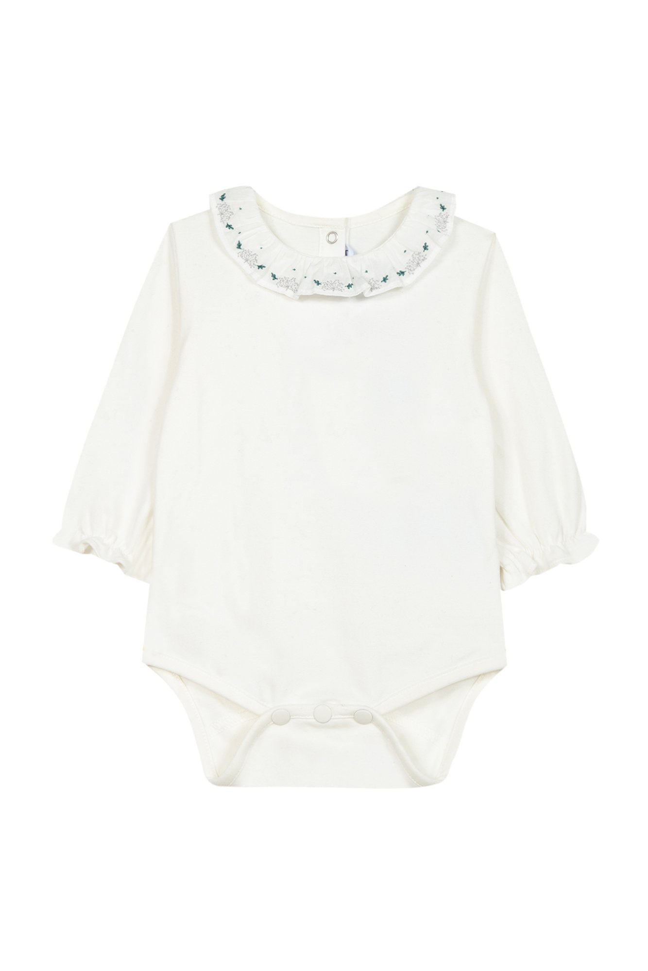 Bodysuit - Pale green with ruffled collar and floral embroidery - Tartine Et Chocolat