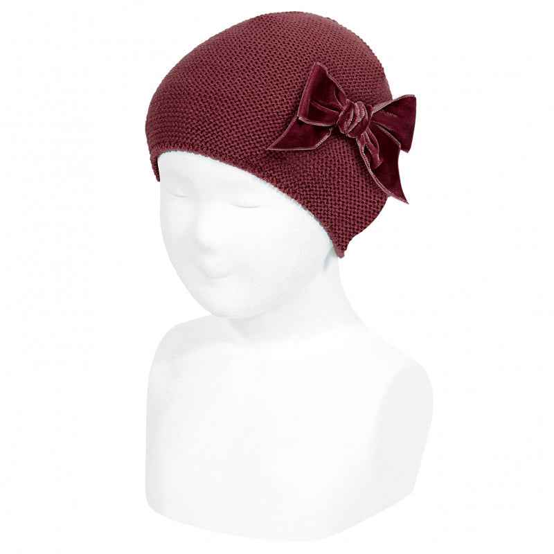 Cotton Garter Stitch Hat with Velvet Bow - Over The Moon