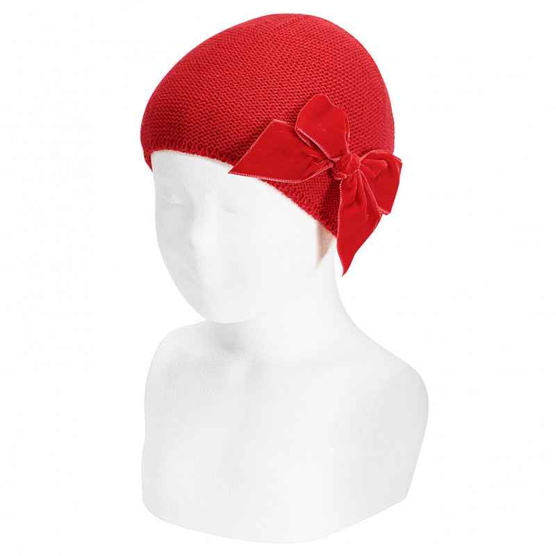 Cotton Garter Stitch Hat with Velvet Bow - Over The Moon